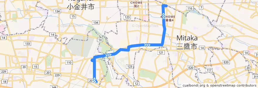 Mapa del recorrido Bus 鷹52 榊原記念病院->三鷹駅 de la línea  en Tóquio.