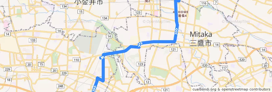 Mapa del recorrido Bus 鷹52 車返団地->三鷹駅 de la línea  en Tokio.