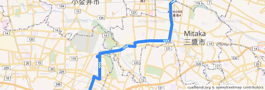Mapa del recorrido Bus 鷹52 三鷹駅->車返団地 de la línea  en 도쿄도.