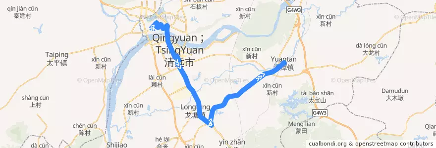 Mapa del recorrido 清远223路公交(西门塘公交总站→源潭)via.龙塘 de la línea  en 清城区 (Qingcheng).