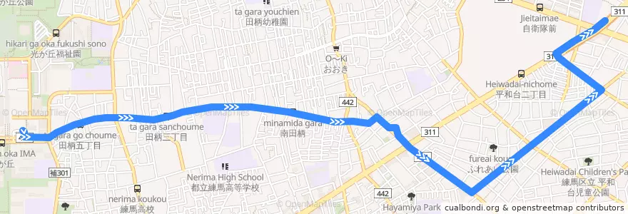 Mapa del recorrido 光04: 光が丘駅=>練馬北町車庫 de la línea  en 練馬区.