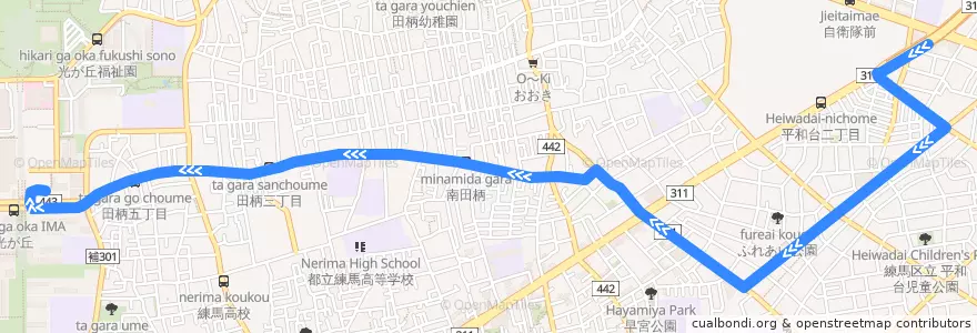 Mapa del recorrido 光04: 練馬北町車庫=>光が丘駅 de la línea  en 練馬区.
