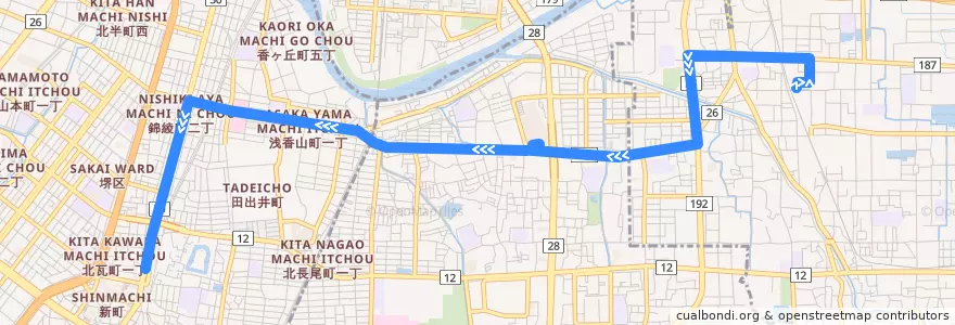 Mapa del recorrido 9: 河内天美駅前-堺東駅前 de la línea  en Prefectura de Osaka.