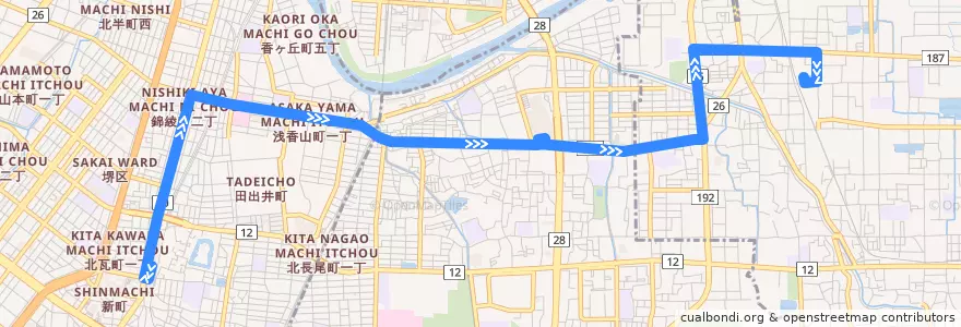 Mapa del recorrido 9: 堺東駅前-河内天美駅前 de la línea  en أوساكا.