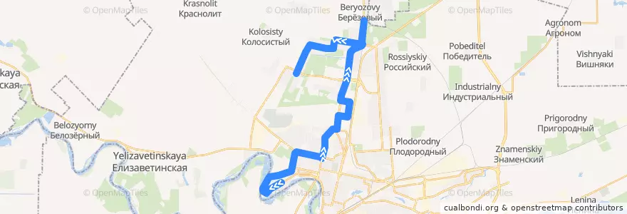 Mapa del recorrido Автобус №38: Юбилейный микрорайон => ул. Средняя de la línea  en Krasnodar Municipality.