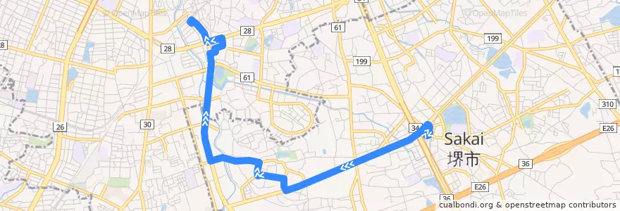 Mapa del recorrido 181V: 深井駅-津久野駅前 de la línea  en 堺市.