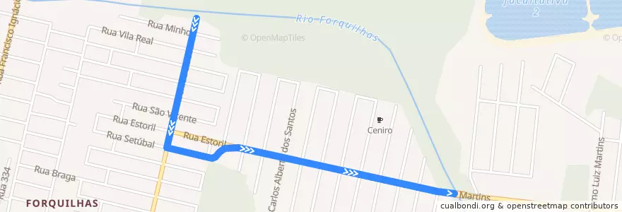 Mapa del recorrido Ônibus 0131 - Lot. Ceniro via Jardim das Palmeiras, Ceniro => TICEN de la línea  en São José.