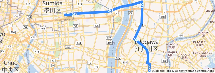 Mapa del recorrido 錦25 de la línea  en 도쿄도.