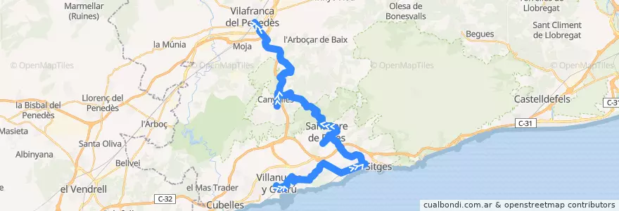 Mapa del recorrido Vilanova i la Geltrú - Vilafranca del Penedès (per Sitges i Sant Pere de Ribes) de la línea  en Barcelona.