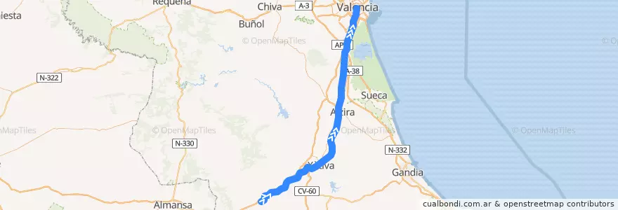 Mapa del recorrido Línea C-2 (Moixent->Nord) de la línea  en Valencia.
