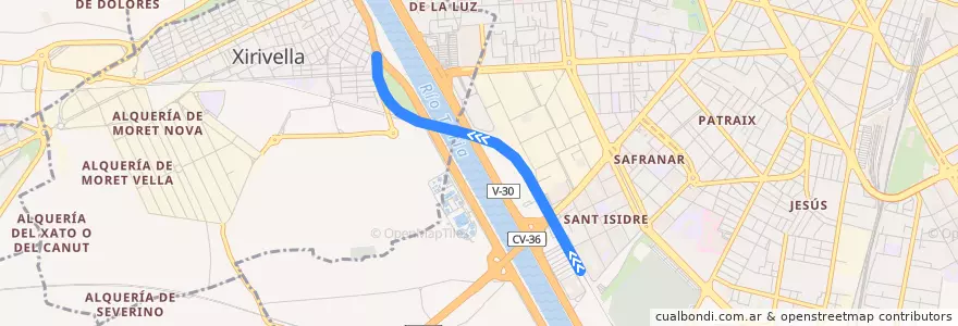 Mapa del recorrido Línea C-4 (València - Sant Isidre => Chirivella) de la línea  en Comarca de València.