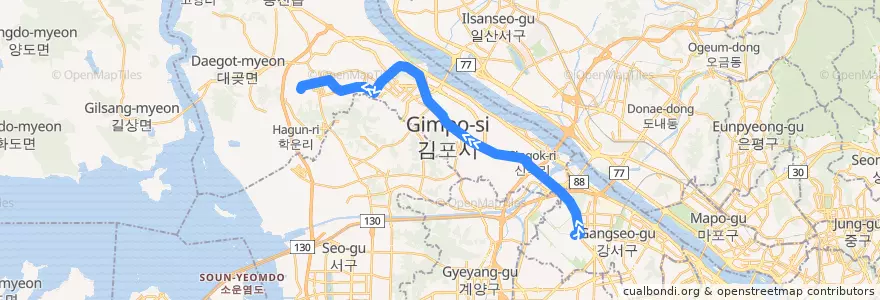 Mapa del recorrido 김포 도시철도 de la línea  en 김포시.