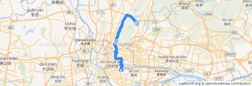 Mapa del recorrido 864路(白云山制药厂总站-海联路总站) de la línea  en Guangzhou City.