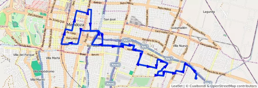 Mapa del recorrido 101 - Bº Cadore - Centro * Casa de Gobierno de la línea G08 en Mendoza.