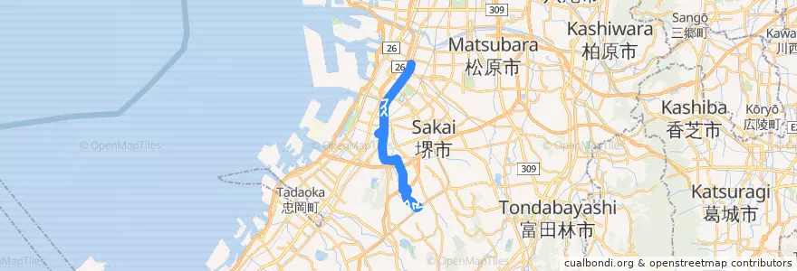 Mapa del recorrido 307: 栂・美木多駅-堺東駅前 de la línea  en 堺市.
