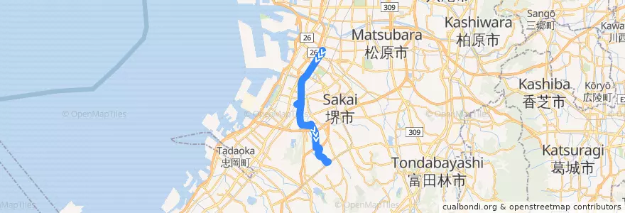 Mapa del recorrido 307: 堺東駅前-栂・美木多駅 de la línea  en Sakai.
