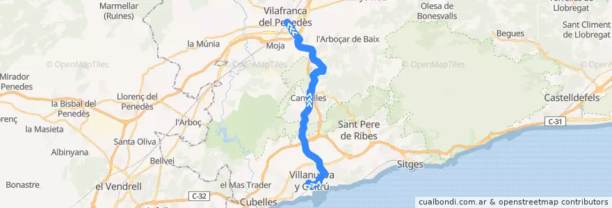 Mapa del recorrido Vilafranca del Penedès - Vilanova i la Geltrú (per C-15z - Canyelles) de la línea  en Barcelona.