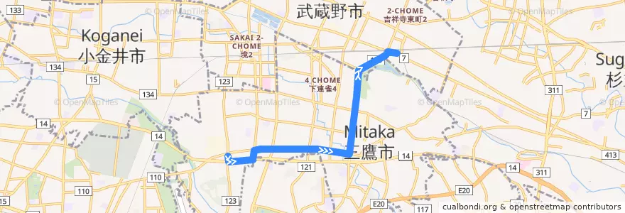 Mapa del recorrido Bus 吉01 大沢->吉祥寺駅 de la línea  en 三鷹市.