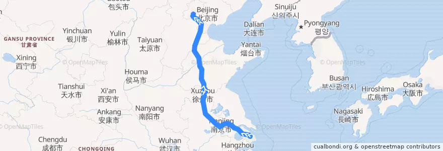 Mapa del recorrido CRH: Shanghai => Beijing de la línea  en 중국.