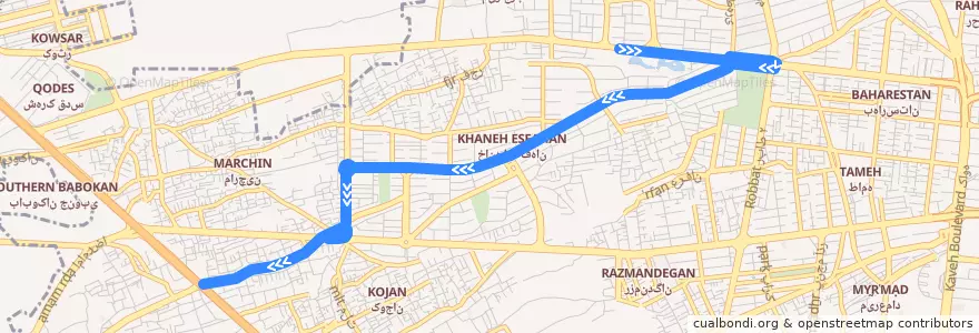 Mapa del recorrido خانه اصفهان - پارک شهید رجائی de la línea  en اصفهان.