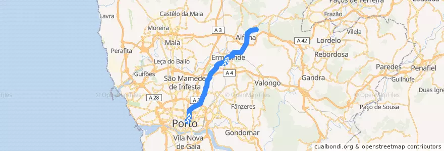 Mapa del recorrido 701: Bolhão => Codiceira de la línea  en Área Metropolitana do Porto.