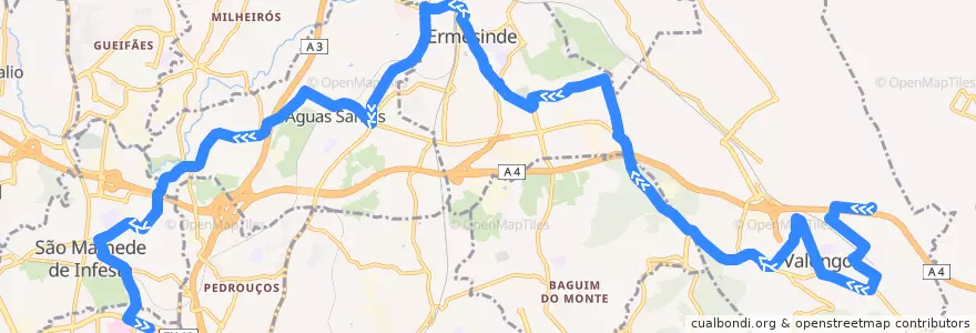 Mapa del recorrido 705: Valongo => Hospital S. João de la línea  en Área Metropolitana do Porto.