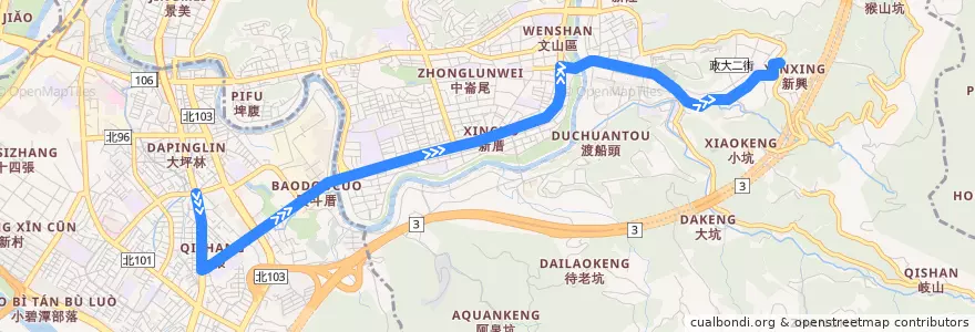 Mapa del recorrido 新北市 跳蛙公車 新店北新路-政大一街 de la línea  en تايبيه الجديدة.
