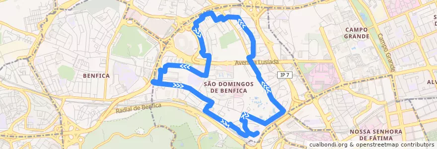 Mapa del recorrido Bus 58B: Sete Rios → Sete Rios de la línea  en São Domingos de Benfica.