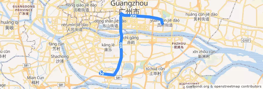 Mapa del recorrido 882路[晓港湾(瑞宝茶叶城)总站-员村总站] de la línea  en Guangzhou City.