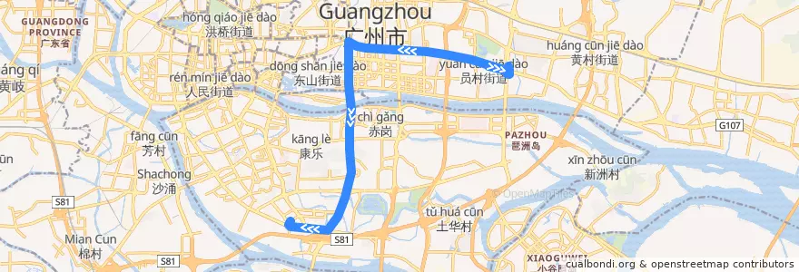 Mapa del recorrido 882路[员村总站-晓港湾(瑞宝茶叶城)总站] de la línea  en Guangzhou City.