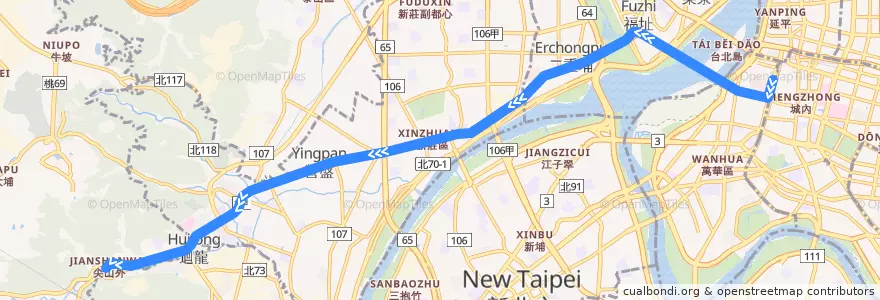 Mapa del recorrido 新北市 635 迴龍-臺北 (返程) de la línea  en تايبيه الجديدة.
