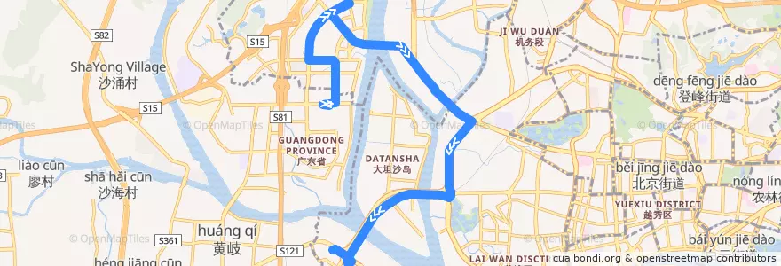 Mapa del recorrido 广885路[芳村大道西(滘口客运站)总站-白沙(中海金沙湾)总站] de la línea  en Guangzhou City.