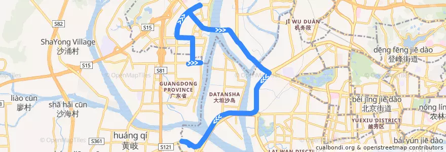 Mapa del recorrido 广885路[白沙(中海金沙湾)总站-芳村大道西(滘口客运站)总站] de la línea  en Гуанчжоу.