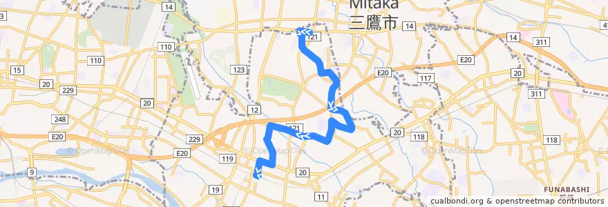 Mapa del recorrido Bus 調37 都営深大寺住宅->調布駅北口 de la línea  en 도쿄도.