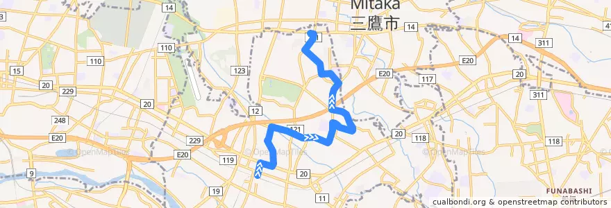 Mapa del recorrido Bus 調37 調布駅北口->都営深大寺住宅 de la línea  en 東京都.