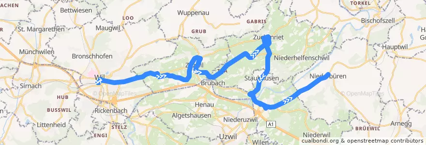Mapa del recorrido Bus 724: Wil SG, Bahnhof => Niederbüren, Dorf de la línea  en Wahlkreis Wil.