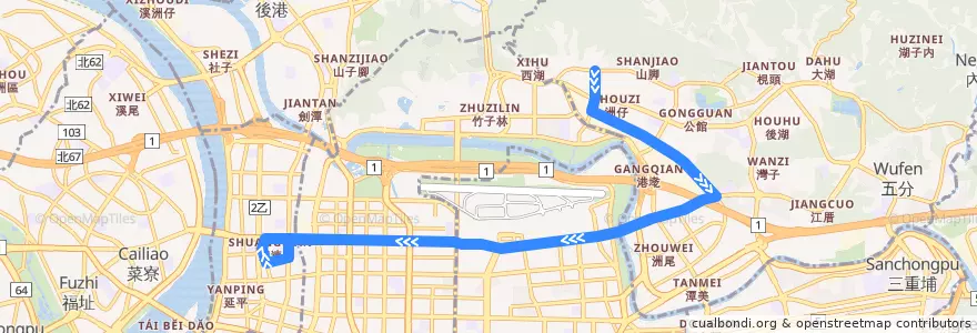Mapa del recorrido 台北市 內科通勤專車18 內湖科技園區→捷運民權西路站 de la línea  en Taipei.