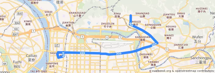 Mapa del recorrido 台北市 內科通勤專車18 捷運民權西路站→內湖科技園區 de la línea  en 台北市.