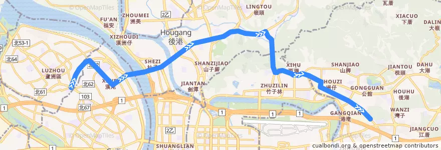Mapa del recorrido 新北市 跳蛙公車 三重→內科 de la línea  en Taipeh.