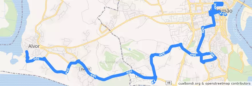 Mapa del recorrido Bus 14: Largo do Dique => Alvor Marginal de la línea  en Portimão.