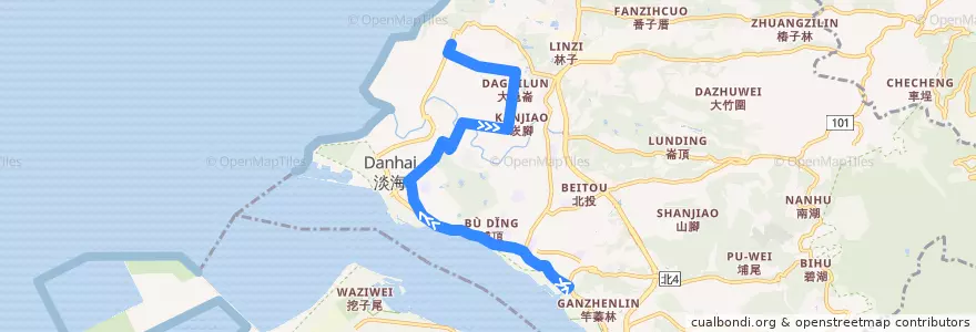 Mapa del recorrido 新北市 藍海2線先導公車 捷運淡水站→淡海新市鎮 de la línea  en Tamsui.