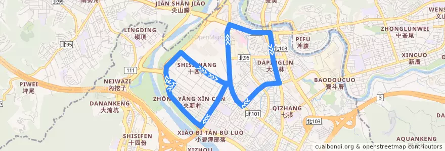 Mapa del recorrido 新北市 跳蛙公車 湯泉-大坪林-湯泉直達車 de la línea  en 신뎬 구.
