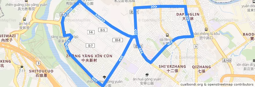 Mapa del recorrido 新北市 跳蛙公車 湯泉-大坪林-湯泉 de la línea  en Distretto di Xindian.