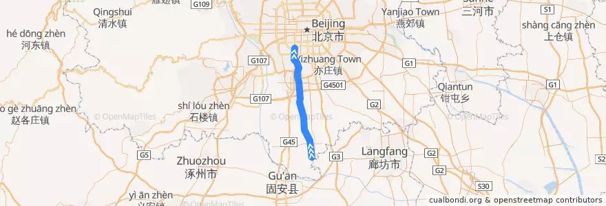 Mapa del recorrido 北京地铁大兴机场线 (南行) de la línea  en Daxing District.