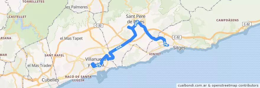 Mapa del recorrido Sitges- Sant Pere de Ribes - Vilanova i la Geltrú - de la línea  en Garraf.