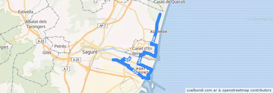 Mapa del recorrido Port de Sagunt - Plaja Corinto/Almarda - Urbà Platja Canet de la línea  en Sagunt / Sagunto.