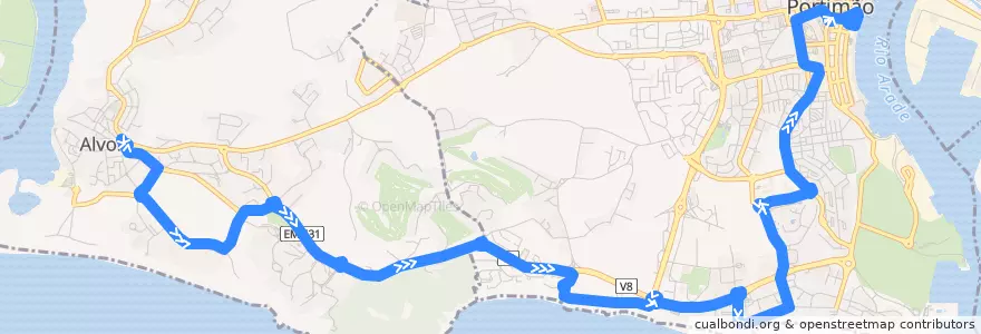 Mapa del recorrido Bus 1P: Alvor Centro => Largo do Dique de la línea  en Portimão.