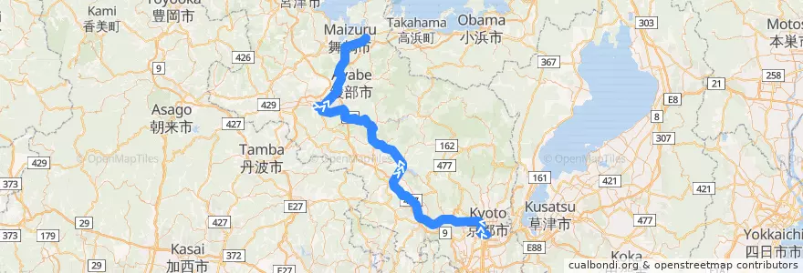 Mapa del recorrido まいづる: 京都 => de la línea  en 京都府.