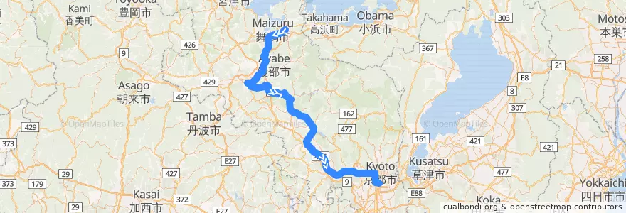 Mapa del recorrido まいづる de la línea  en 京都府.