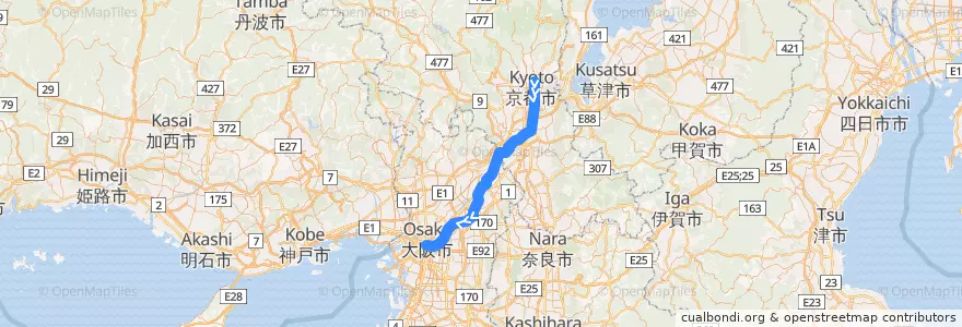 Mapa del recorrido 京阪本線・鴨東線 特急 出町柳-->淀屋橋 de la línea  en Japón.